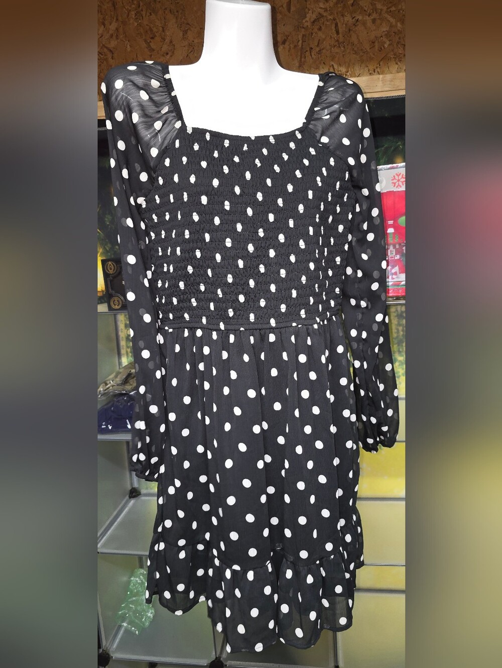 #84 art class Black and White Polka Dot Smocked Square-Neck Dress